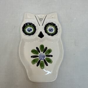 Vintage MCM Owl Spoon Rest or Wall Hanging Ceramic Blue Eyes Japan 8" x 4.5"